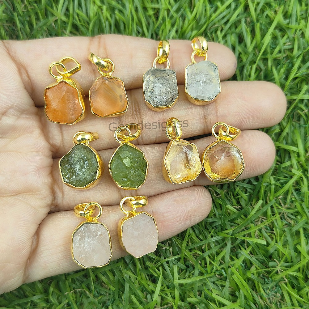 Raw Gemstone Tiny Pendant Rough Stone Pendant Necklace Artisans Charms Gold Plated Jewelry- Selling Per Piece