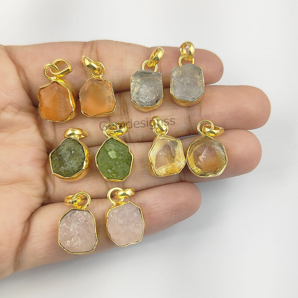 Raw Gemstone Tiny Pendant Rough Stone Pendant Necklace Artisans Charms Gold Plated Jewelry- Selling Per Piece
