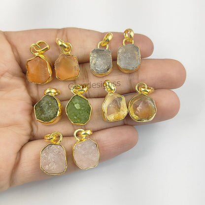 Raw Gemstone Tiny Pendant Rough Stone Pendant Necklace Artisans Charms Gold Plated Jewelry- Selling Per Piece