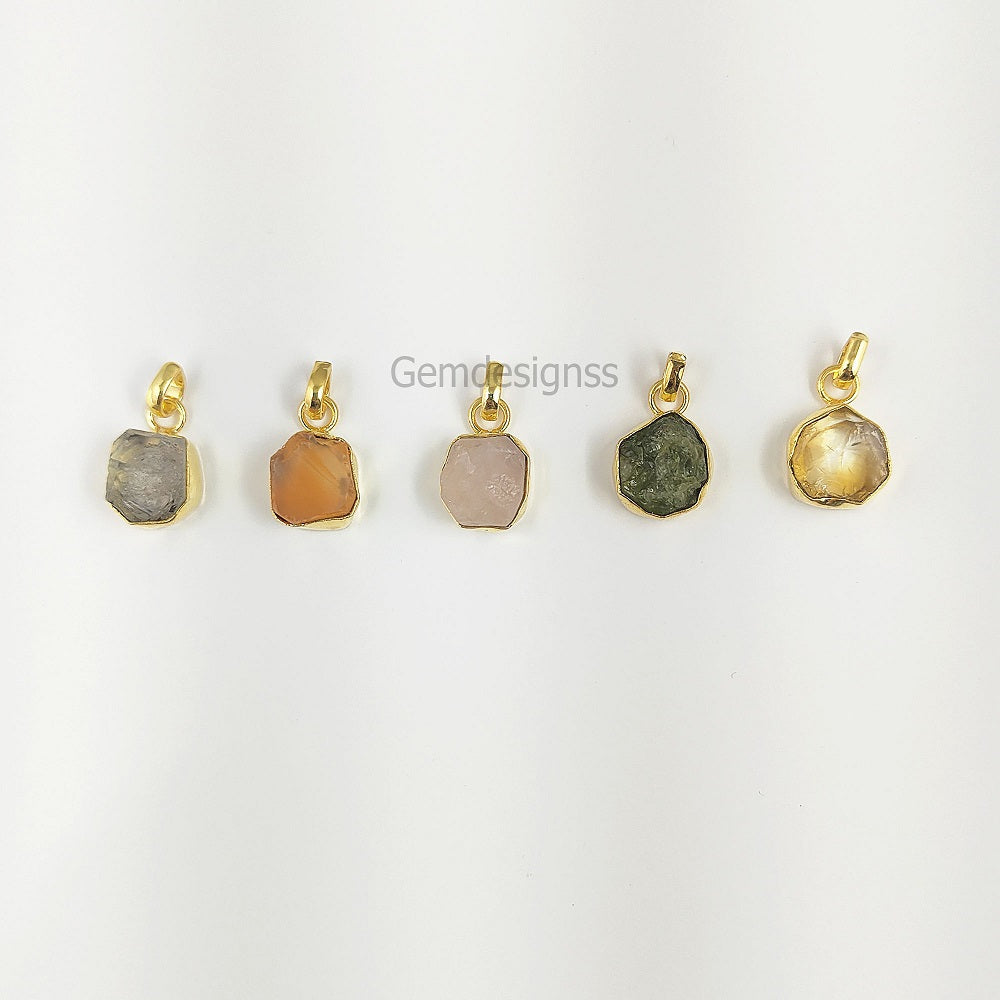 Raw Gemstone Tiny Pendant Rough Stone Pendant Necklace Artisans Charms Gold Plated Jewelry- Selling Per Piece
