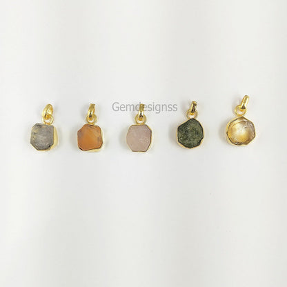 Raw Gemstone Tiny Pendant Rough Stone Pendant Necklace Artisans Charms Gold Plated Jewelry- Selling Per Piece