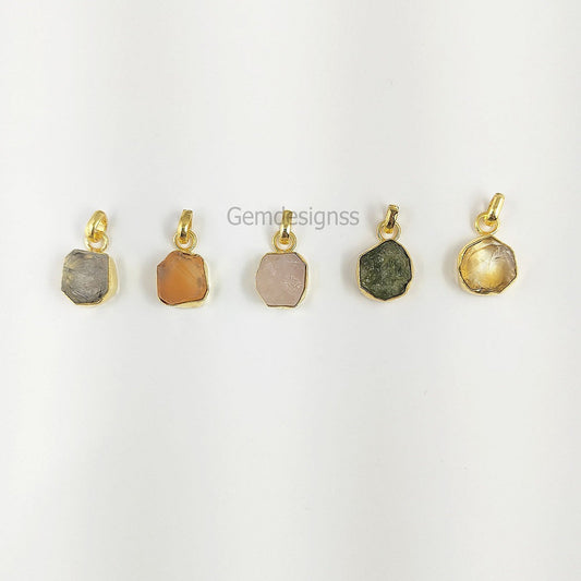Raw Gemstone Tiny Pendant Rough Stone Pendant Necklace Artisans Charms Gold Plated Jewelry- Selling Per Piece