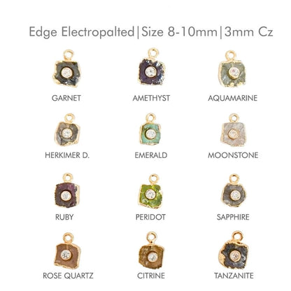 Natural Raw Gemstone Birthstone Pendant with CZ 18k Gold Electroplated Handmade Charm- Selling Per Piece