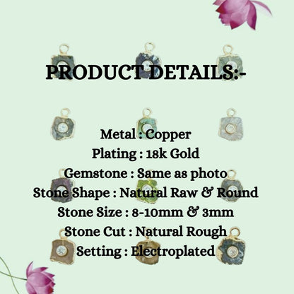 Natural Raw Gemstone Birthstone Pendant with CZ 18k Gold Electroplated Handmade Charm- Selling Per Piece