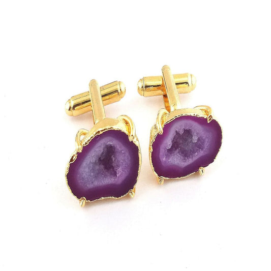 Men’s Raw Pink Druzy Geode Cufflinks - Gold Plated Stylish Gemstone Jewelry (Pair)