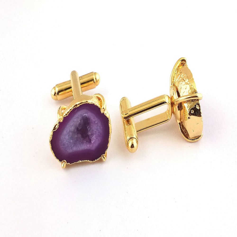 Handcrafted Raw Purple Druzy Geode Cufflinks - Gold Electroplated Men’s Jewelry Gift