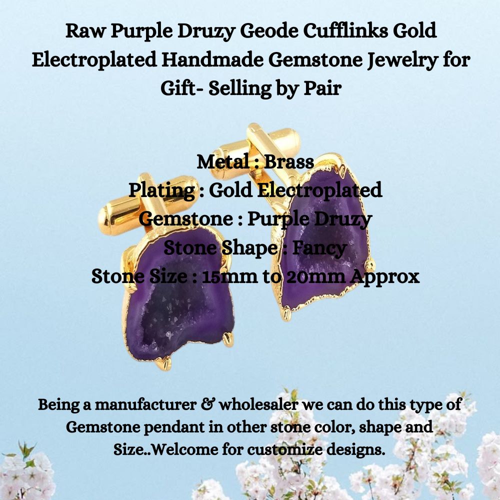 Raw Purple Druzy Geode Gold Electroplated Cufflinks - Handmade Gemstone Gift Pair