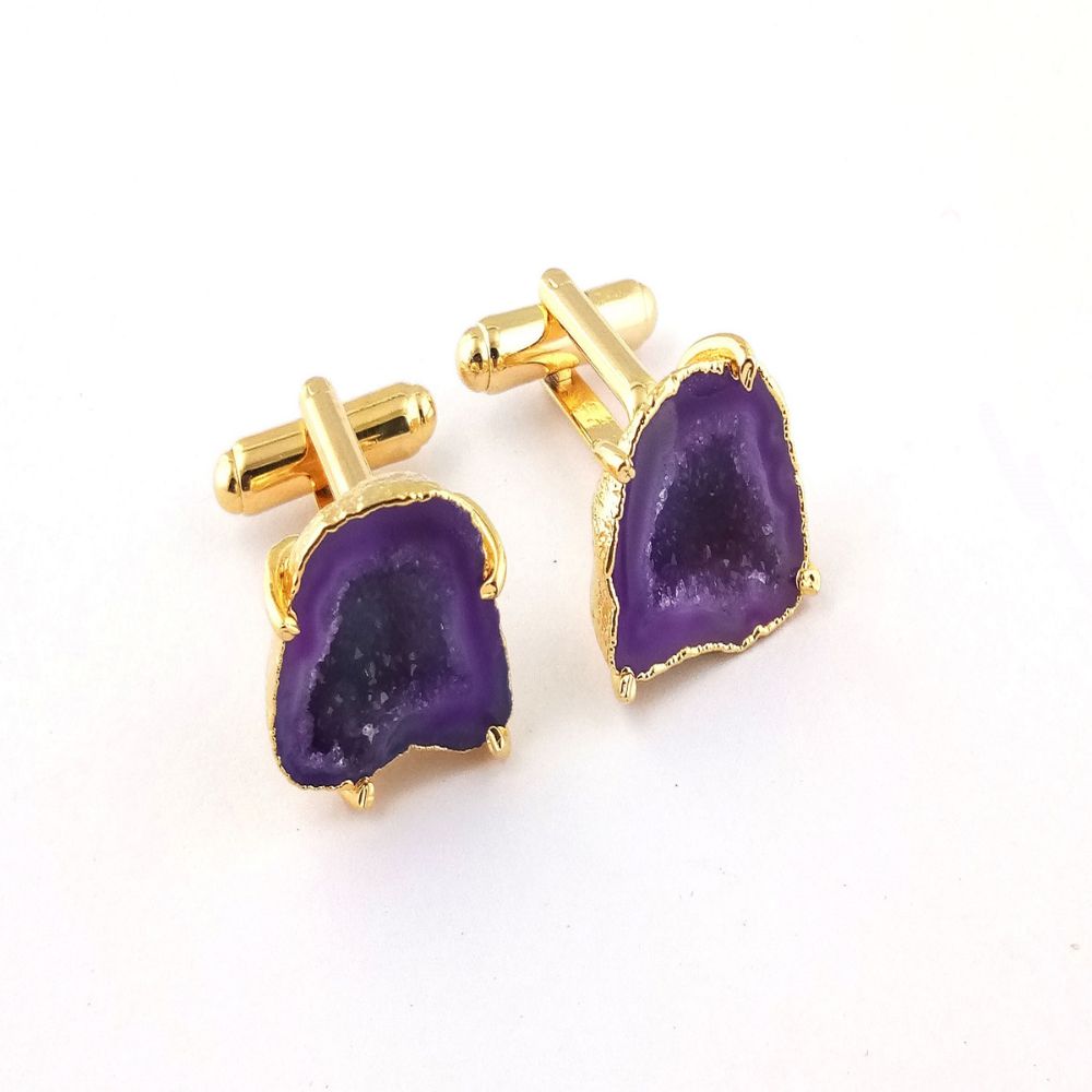 Raw Purple Druzy Geode Cufflinks Set - Gold Electroplated Handmade Jewelry Gift for Men