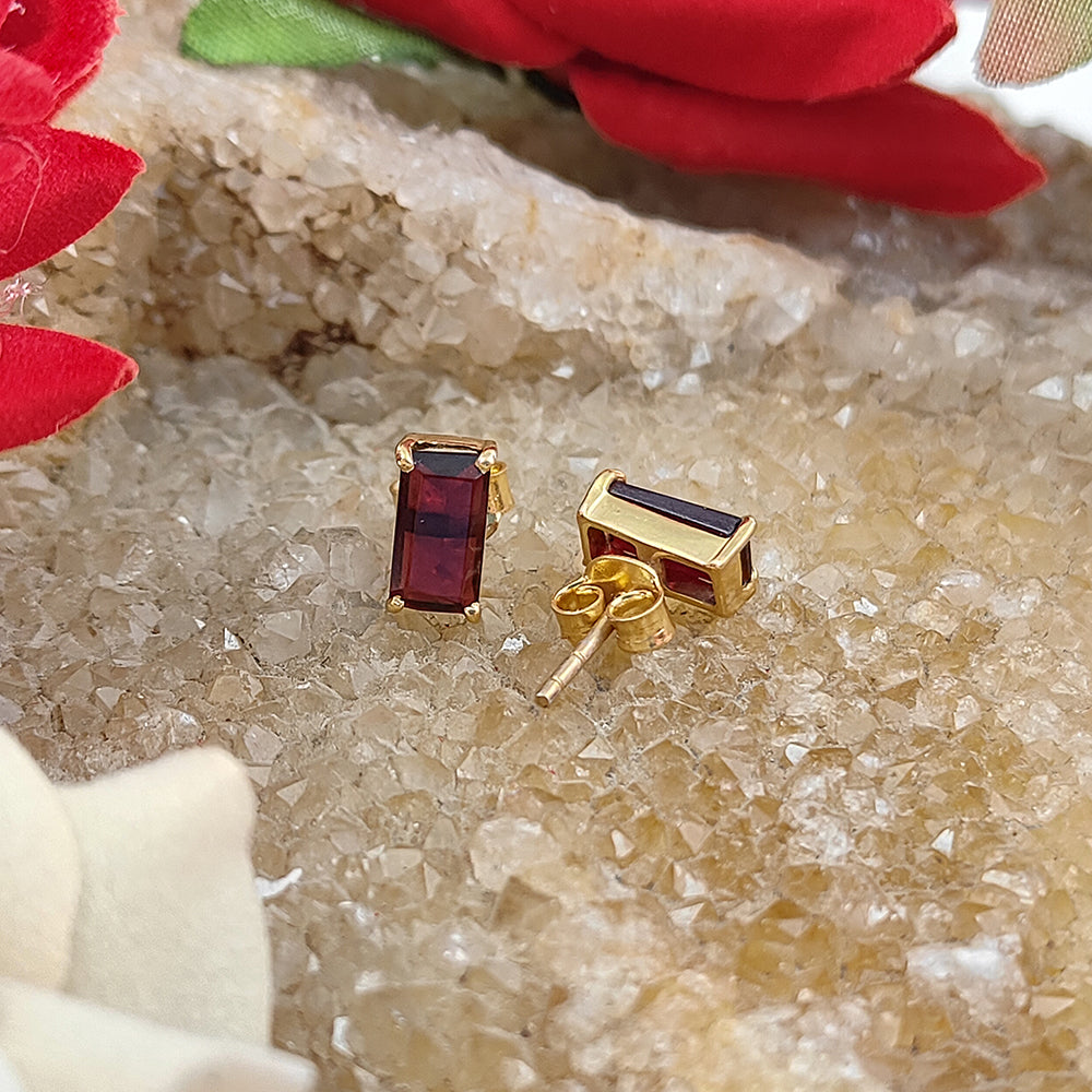 Red Garnet Baguette Stud Earring - January Birthstone Earring - Gemstone Baguette Earring - 925 Prong Set Women Earring - Selling Per Pair