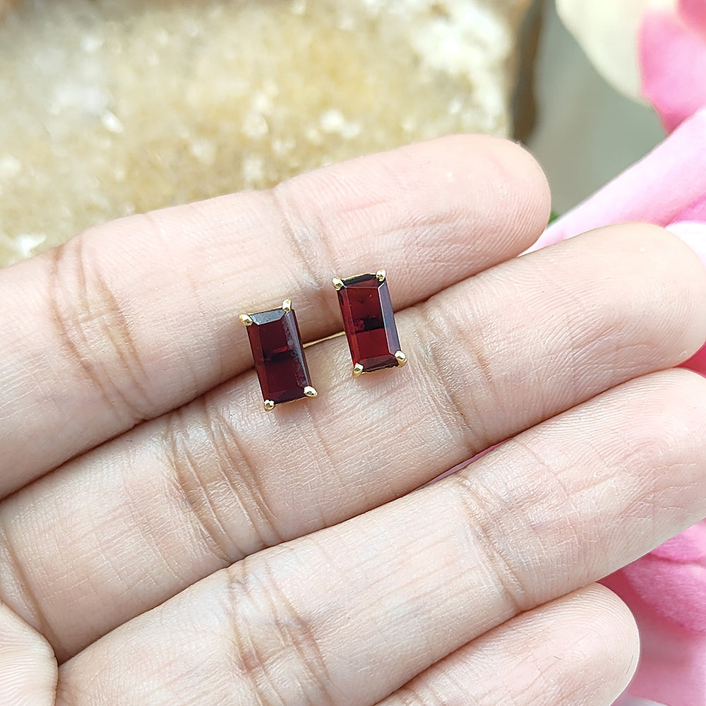 Red Garnet Baguette Stud Earring - January Birthstone Earring - Gemstone Baguette Earring - 925 Prong Set Women Earring - Selling Per Pair