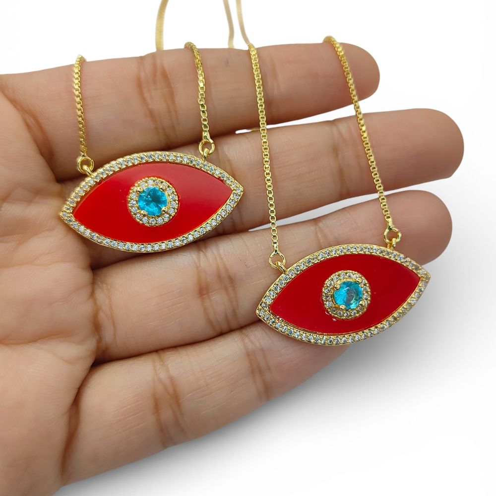 Red Marquise Evil Eye CZ Necklace 18K Gold Filled Adjustable Box Chain with Slider Rubber Stopper Beads Dainty Protection Jewelry – Selling By Necklace