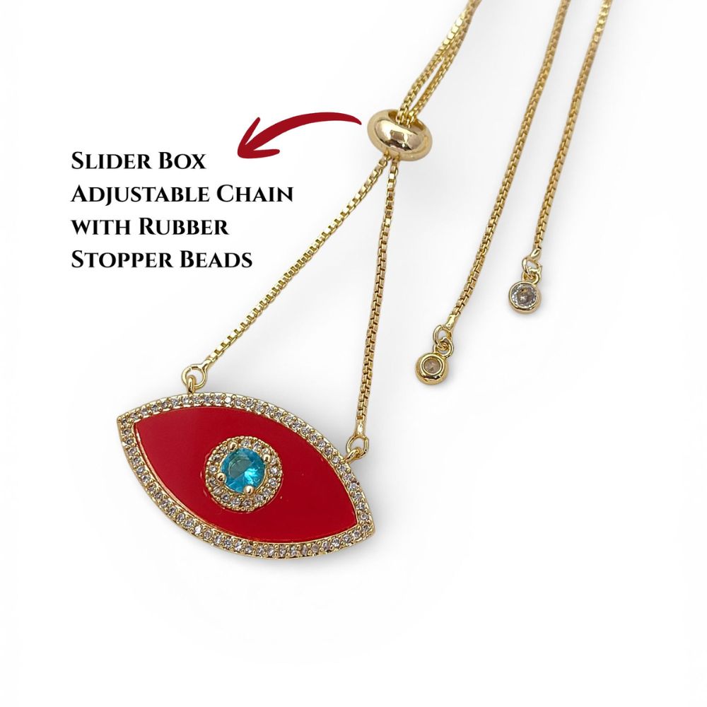 Red Marquise Evil Eye CZ Necklace 18K Gold Filled Adjustable Box Chain with Slider Rubber Stopper Beads Dainty Protection Jewelry – Selling By Necklace