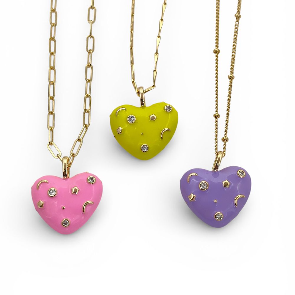 Romantic Celestial Heart Necklace with Star and Moon Galaxy Enamel Handmade Gold Plated Jewelry – Selling Per Piece
