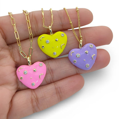 Romantic Celestial Heart Necklace with Star and Moon Galaxy Enamel Handmade Gold Plated Jewelry – Selling Per Piece