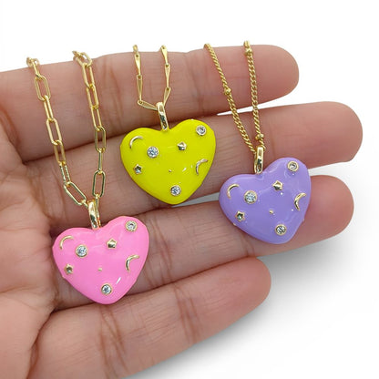 Romantic Celestial Heart Necklace with Star and Moon Galaxy Enamel Handmade Gold Plated Jewelry – Selling Per Piece