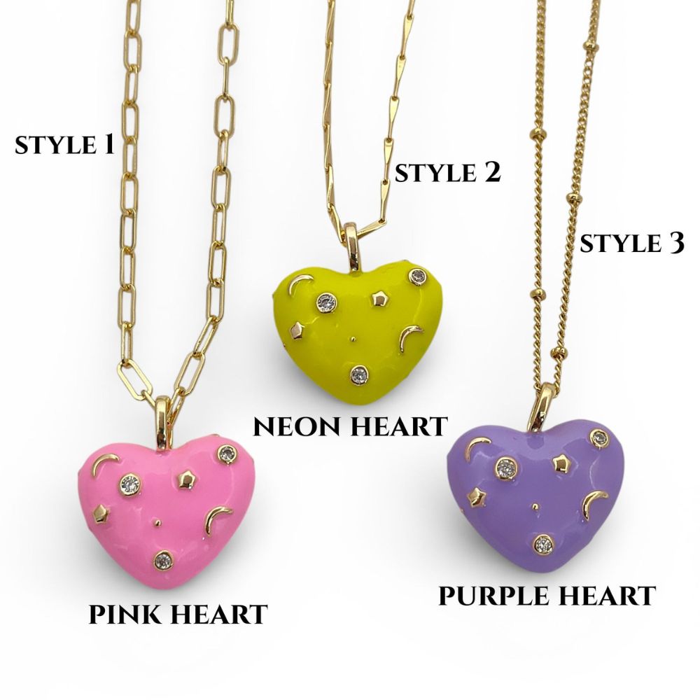 Romantic Celestial Heart Necklace with Star and Moon Galaxy Enamel Handmade Gold Plated Jewelry – Selling Per Piece