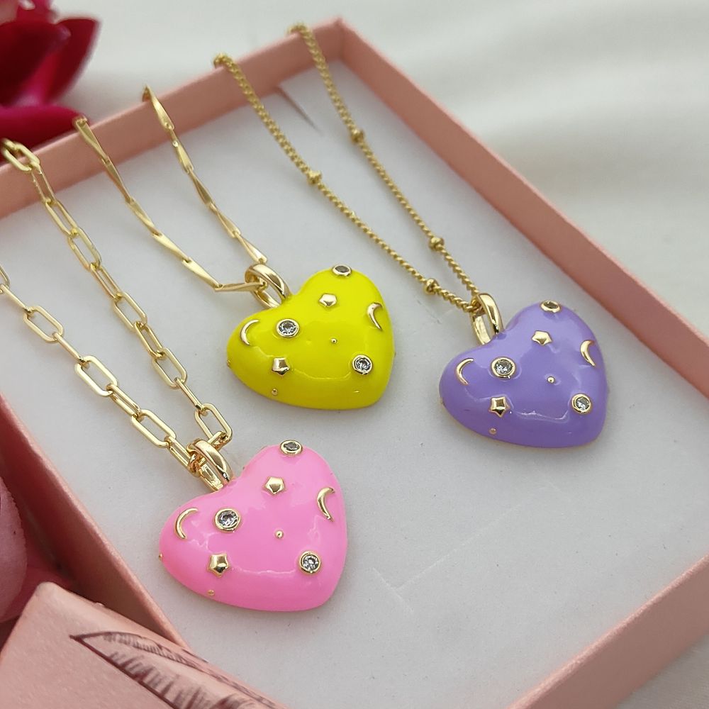 Romantic Celestial Heart Necklace with Star and Moon Galaxy Enamel Handmade Gold Plated Jewelry – Selling Per Piece