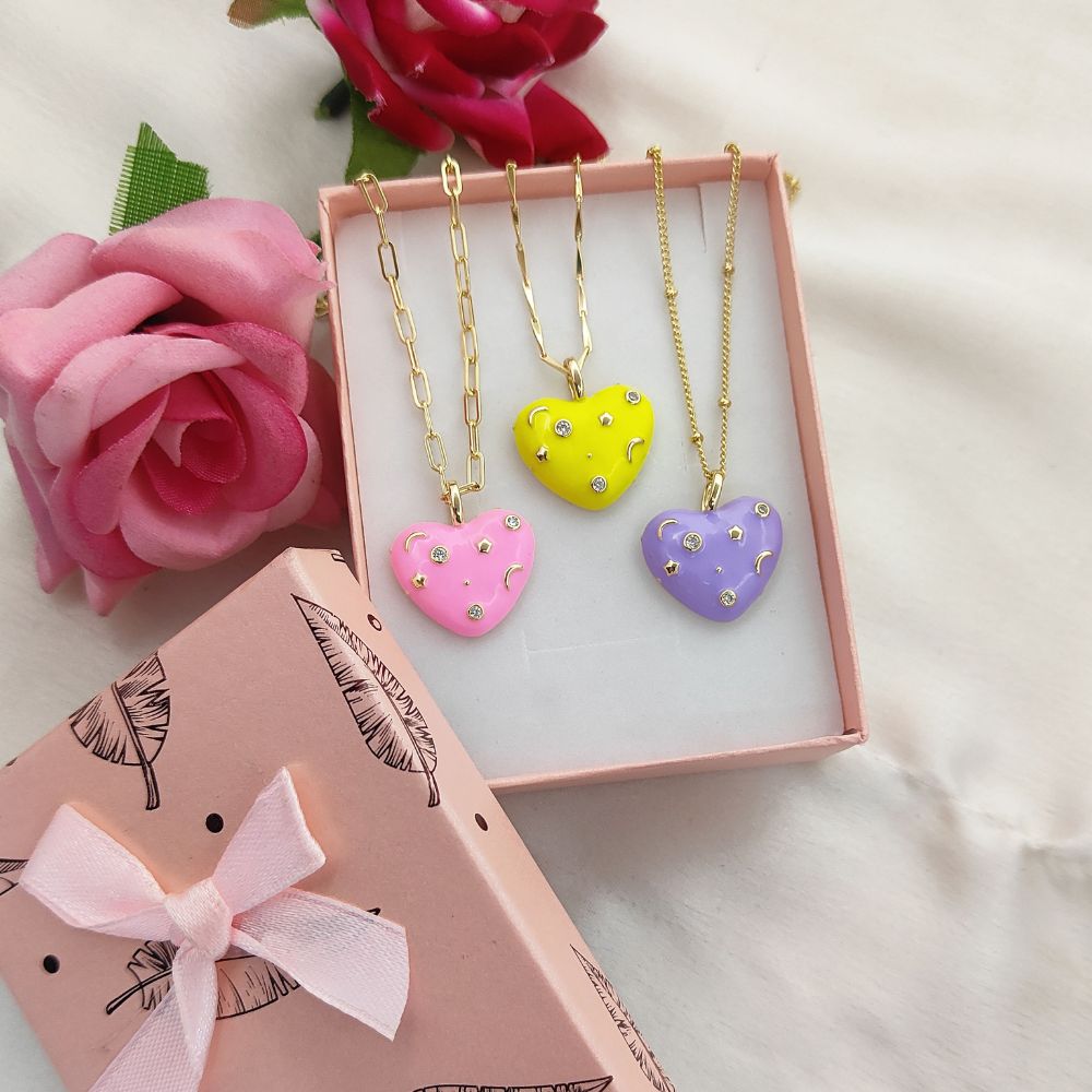Romantic Celestial Heart Necklace with Star and Moon Galaxy Enamel Handmade Gold Plated Jewelry – Selling Per Piece