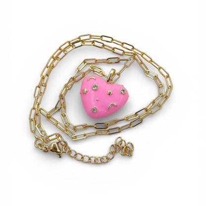 Romantic Celestial Heart Necklace with Star and Moon Galaxy Enamel Handmade Gold Plated Jewelry – Selling Per Piece