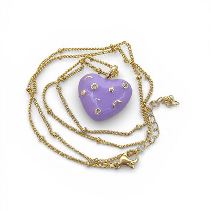 Romantic Celestial Heart Necklace with Star and Moon Galaxy Enamel Handmade Gold Plated Jewelry – Selling Per Piece