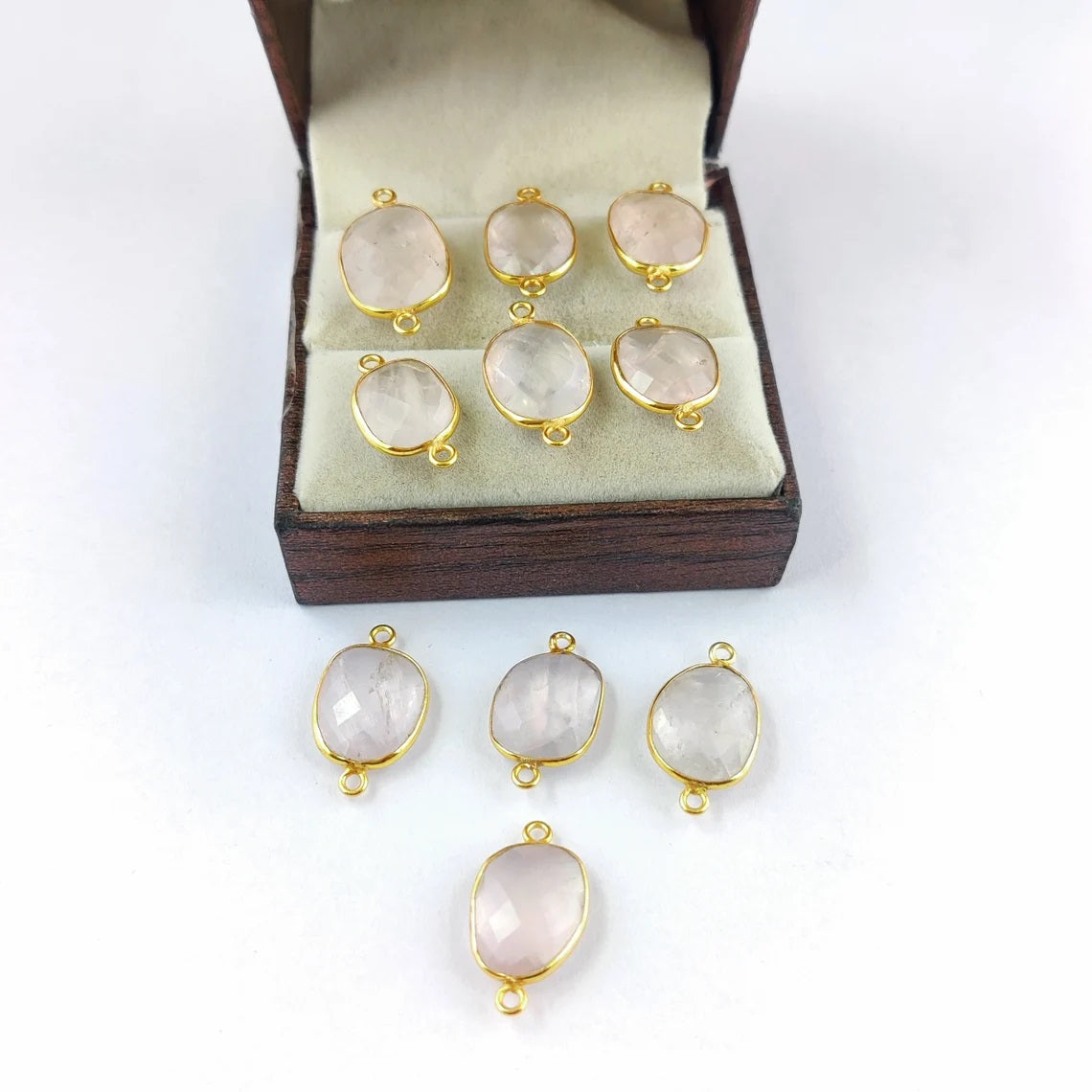 Rose Quartz Stone Connector 12–15mm Free Form Gold Plated Bezel Charm for DIY Jewelry- Selling Per Piece