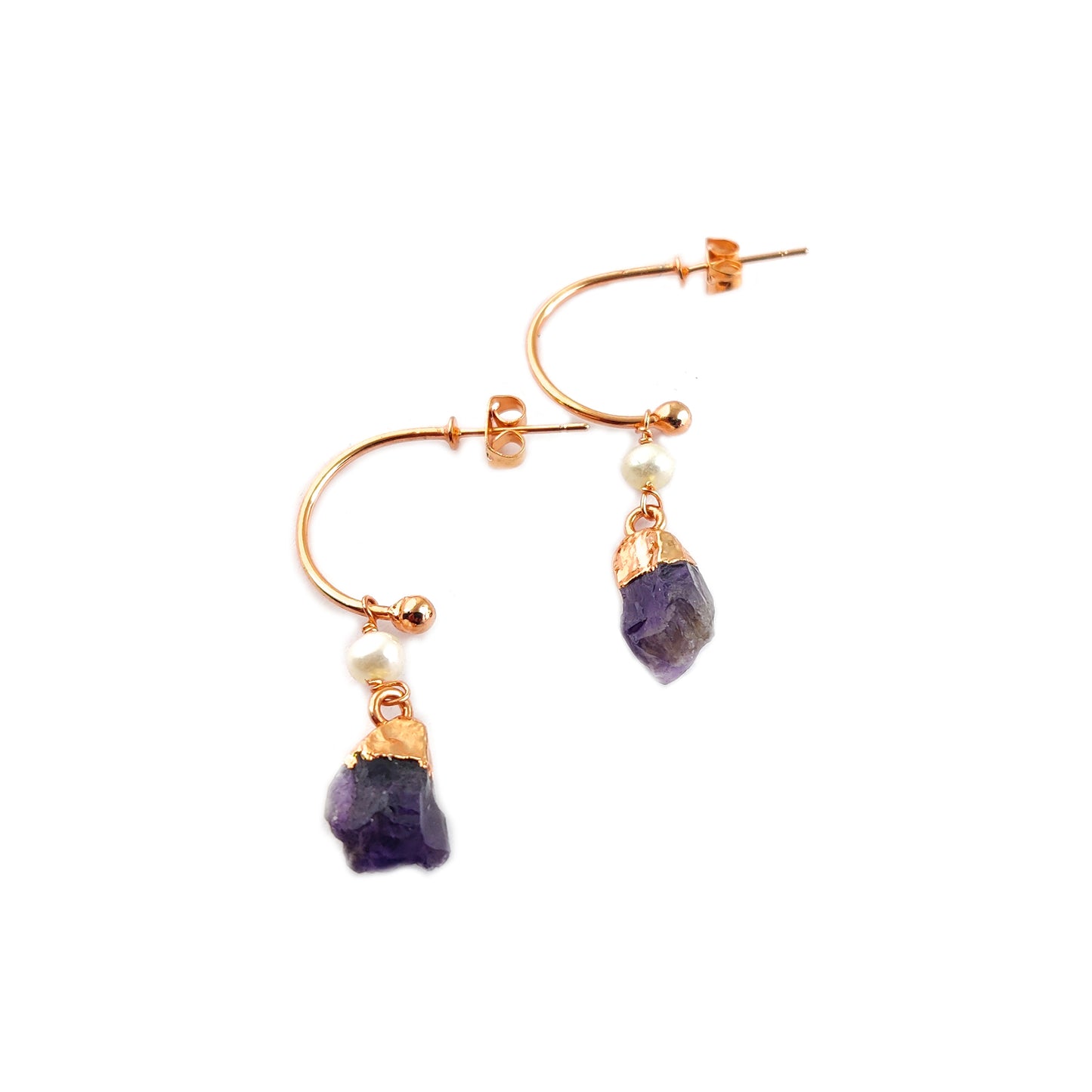 February Birthstone Amethyst Hoop Earrings Raw Purple Gemstone with Pearl 925 Sterling Silver Dangle Earrings Jewelry- Selling Per Pair