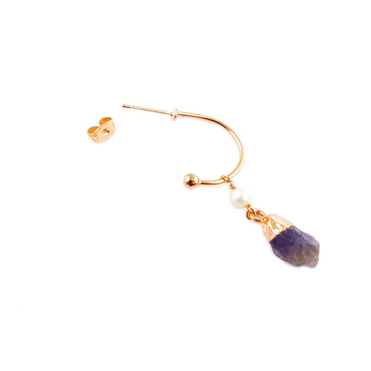 February Birthstone Amethyst Hoop Earrings Raw Purple Gemstone with Pearl 925 Sterling Silver Dangle Earrings Jewelry- Selling Per Pair