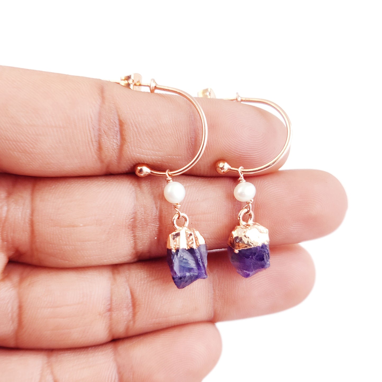 February Birthstone Amethyst Hoop Earrings Raw Purple Gemstone with Pearl 925 Sterling Silver Dangle Earrings Jewelry- Selling Per Pair