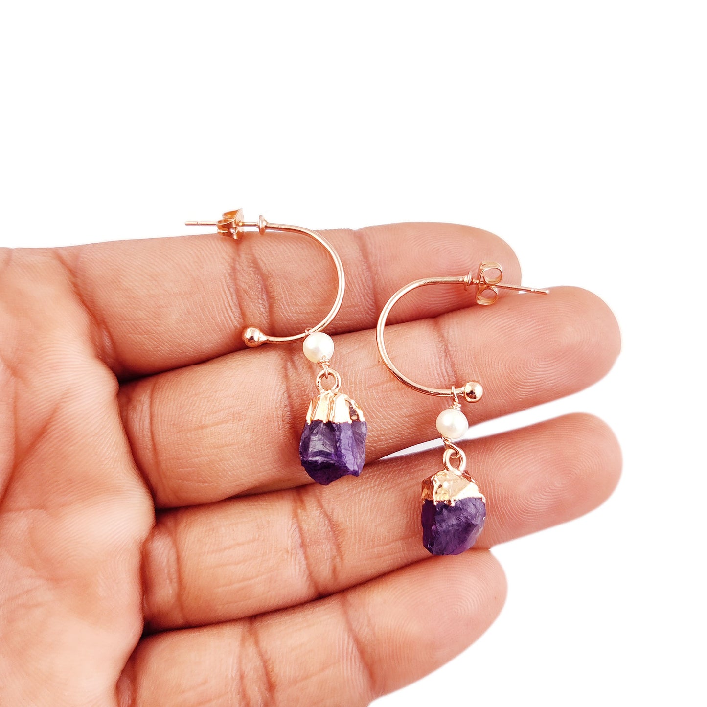 February Birthstone Amethyst Hoop Earrings Raw Purple Gemstone with Pearl 925 Sterling Silver Dangle Earrings Jewelry- Selling Per Pair