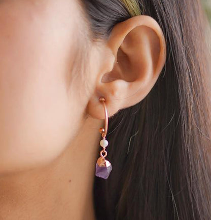 February Birthstone Amethyst Hoop Earrings Raw Purple Gemstone with Pearl 925 Sterling Silver Dangle Earrings Jewelry- Selling Per Pair