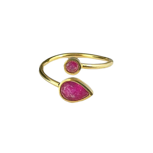 Adjustable gold plated sterling silver ring with two ruby gemstones, handmade minimalist design