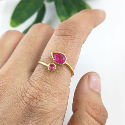 Double ruby adjustable ring in gold plated sterling silver, perfect statement piece