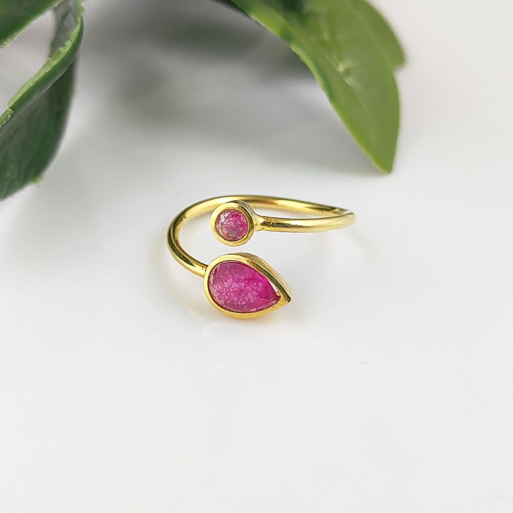 Elegant minimalist ruby ring with two red gemstones, gold plated sterling silver handmade jewelry