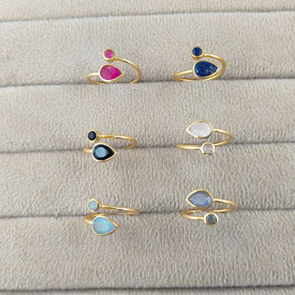 Ruby Gemstone Adjustable Ring in Gold Plated Sterling Silver Double Gemstone Handmade Minimalist Jewelry