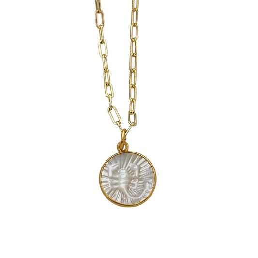 Scorpio Zodiac Necklace Jewelry Mother of Pearl Pendant with Gold Plated Paperclip Chain Stylish Astrology Gift- Selling Per Piece