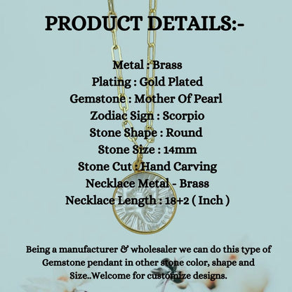 Scorpio Zodiac Necklace Jewelry Mother of Pearl Pendant with Gold Plated Paperclip Chain Stylish Astrology Gift- Selling Per Piece