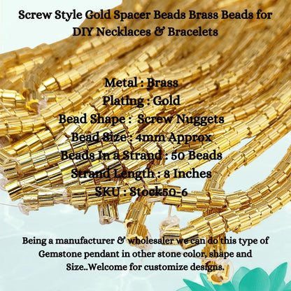 Close-up of screw design brass spacer beads with gold plating