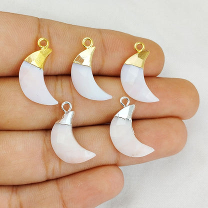 Pink Opal Moon Crystal Charm Crescent Shape Gemstone Jewelry with Gold or Silver Finish