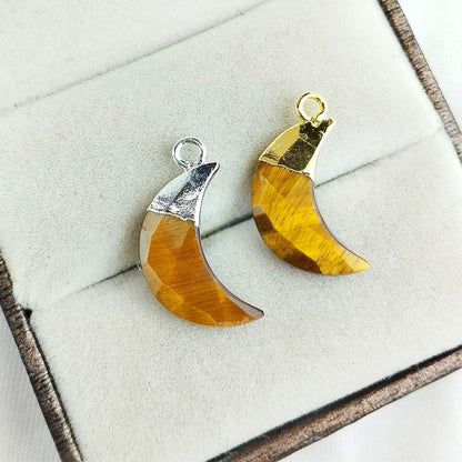 Boho Crescent Tiger’s Eye Pendant – Gold or Silver Capped Crystal for Jewelry Crafting
