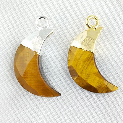 Tiger's Eye Crescent Moon Pendant Gold or Silver Capped Charm for Jewelry Making
