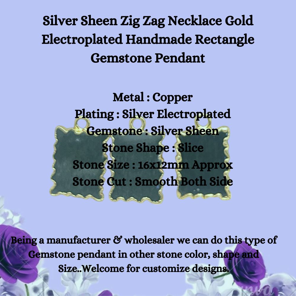 Handmade Silver Sheen Gemstone Pendant Necklace, Gold Electroplated Zig Zag Rectangle
