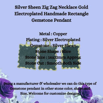 Handmade Silver Sheen Gemstone Pendant Necklace, Gold Electroplated Zig Zag Rectangle