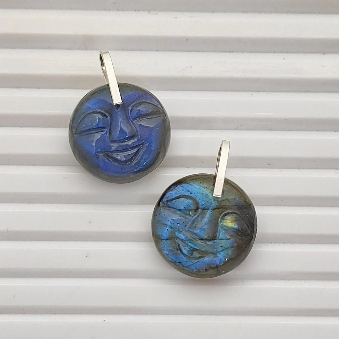Smiling Moon Face Pendant Hand Carved Labradorite Face Charm with Flashy Blue Fire, Spiritual Amulet Jewelry Making Supply- Selling Per Piece
