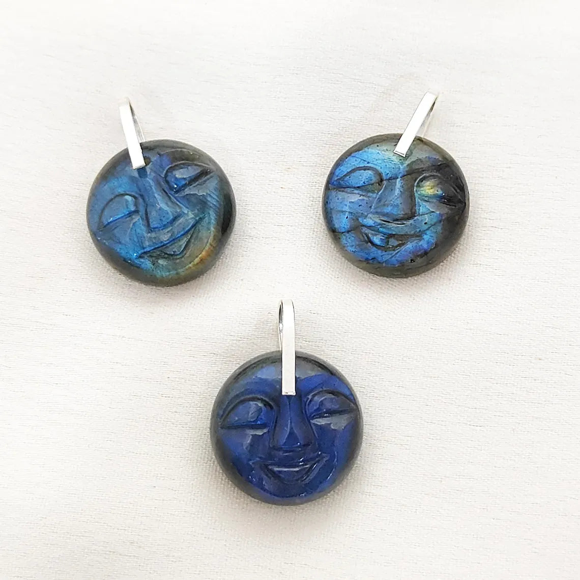 Smiling Moon Face Pendant Hand Carved Labradorite Face Charm with Flashy Blue Fire, Spiritual Amulet Jewelry Making Supply- Selling Per Piece