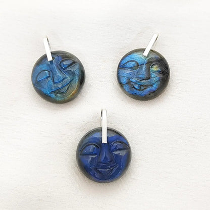 Smiling Moon Face Pendant Hand Carved Labradorite Face Charm with Flashy Blue Fire, Spiritual Amulet Jewelry Making Supply- Selling Per Piece