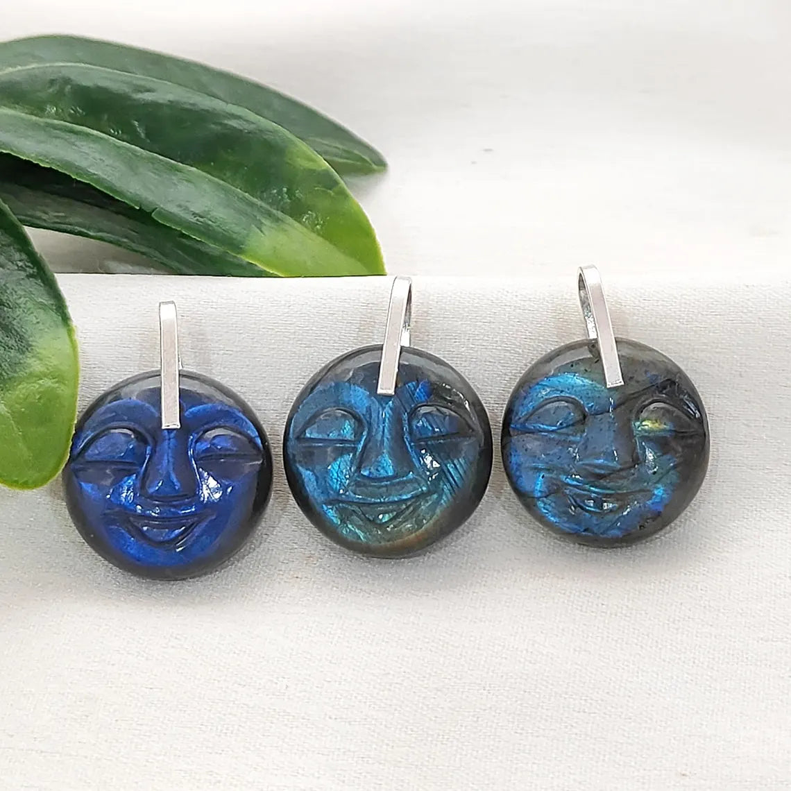 Smiling Moon Face Pendant Hand Carved Labradorite Face Charm with Flashy Blue Fire, Spiritual Amulet Jewelry Making Supply- Selling Per Piece