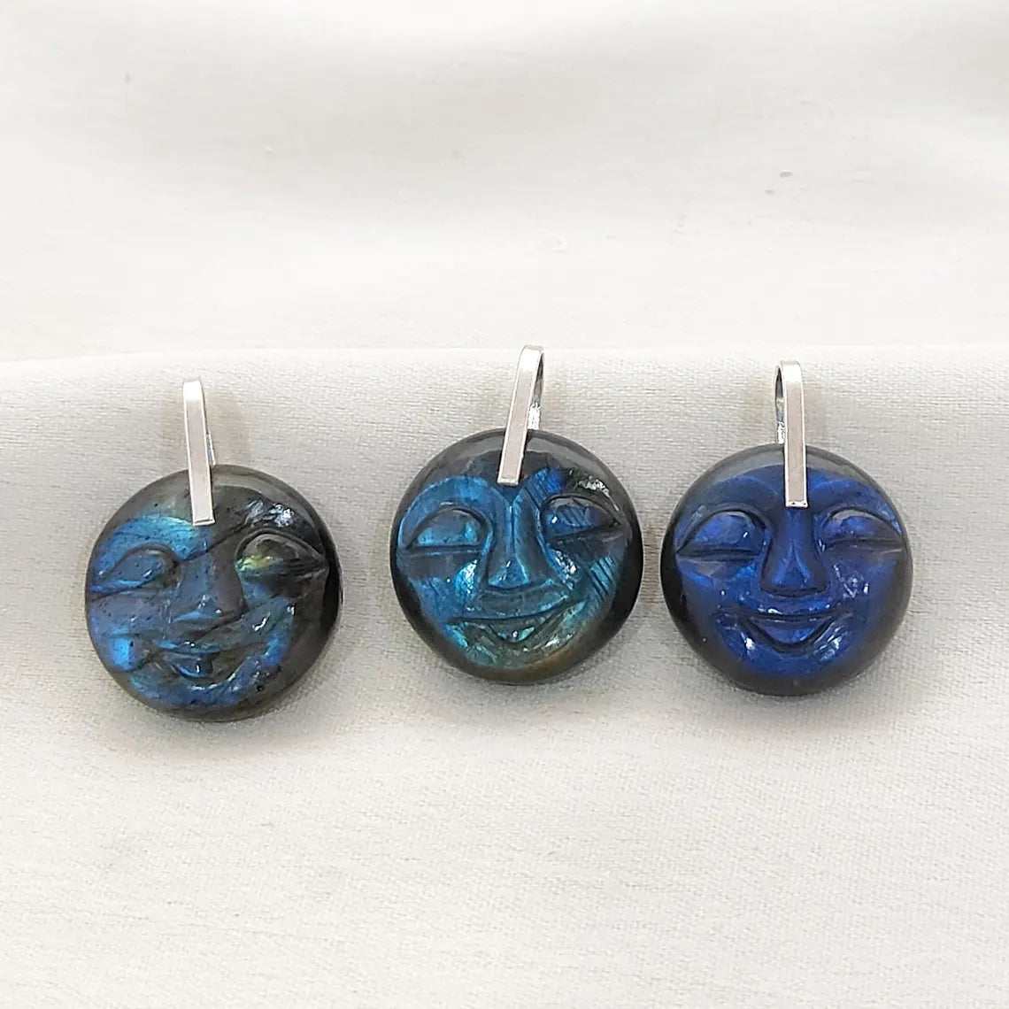 Smiling Moon Face Pendant Hand Carved Labradorite Face Charm with Flashy Blue Fire, Spiritual Amulet Jewelry Making Supply- Selling Per Piece