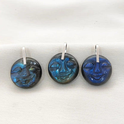 Smiling Moon Face Pendant Hand Carved Labradorite Face Charm with Flashy Blue Fire, Spiritual Amulet Jewelry Making Supply- Selling Per Piece