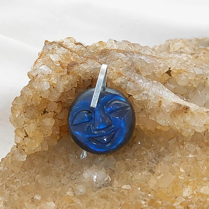 Smiling Moon Face Pendant Hand Carved Labradorite Face Charm with Flashy Blue Fire, Spiritual Amulet Jewelry Making Supply- Selling Per Piece