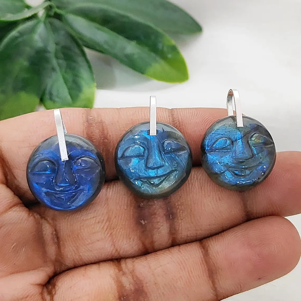 Smiling Moon Face Pendant Hand Carved Labradorite Face Charm with Flashy Blue Fire, Spiritual Amulet Jewelry Making Supply- Selling Per Piece